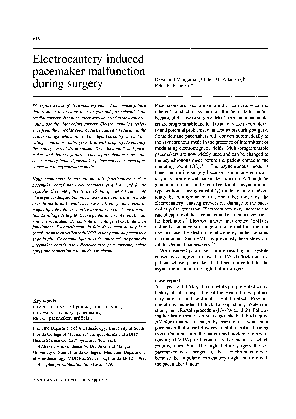 (PDF) Electrocauteryinduced pacemaker malfunction during surgery