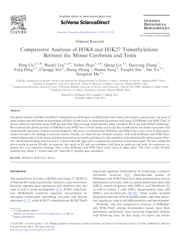 (PDF) Comparative Analyses of H3K4 and H3K27 Trimethylations Between ...