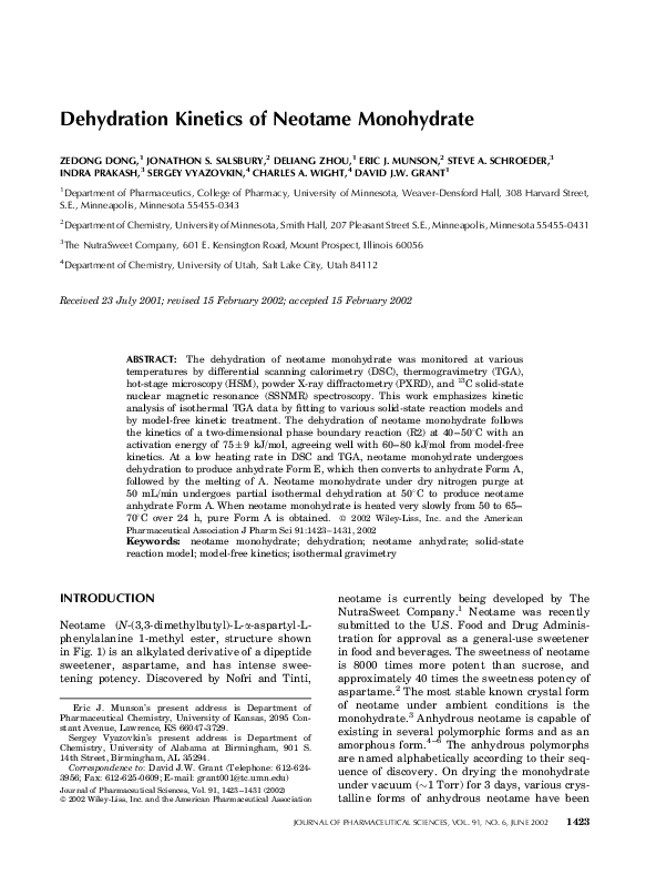 (PDF) Dehydration kinetics of neotame monohydrate