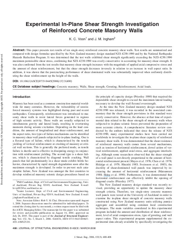 (PDF) Experimental In-Plane Shear Strength Investigation of Reinforced ...