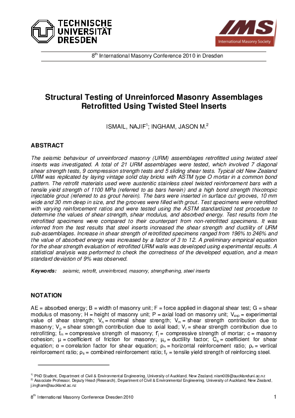 (PDF) Structural testing of unreinforced assemblages retrofitted using ...