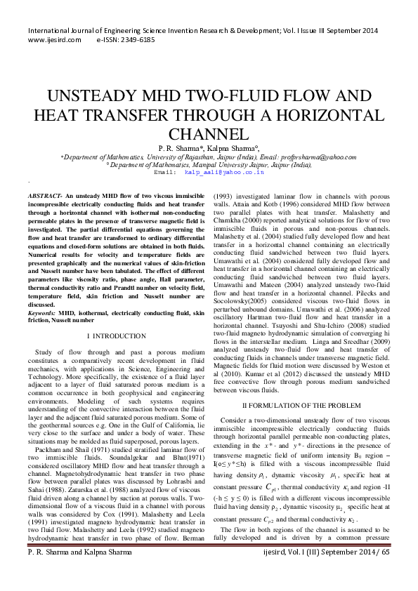 (PDF) UNSTEADY MHD TWO-FLUID FLOW AND HEAT TRANSFER THROUGH A ...