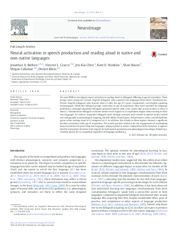 (PDF) Neural activation in speech production and reading aloud in ...