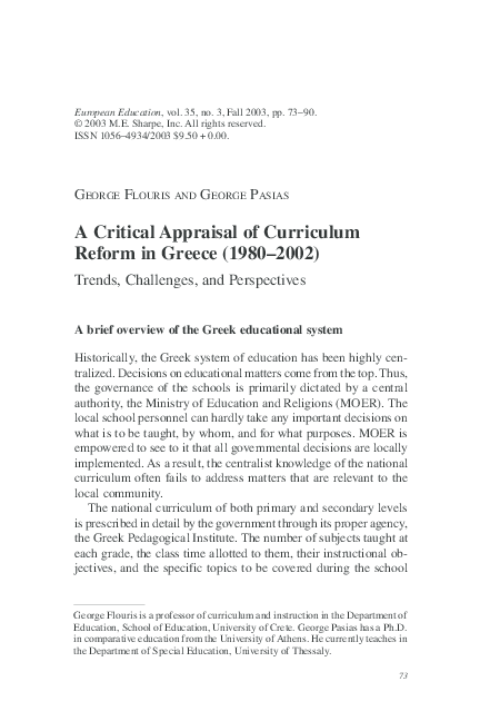 (PDF) A Critical Appraisal of Curriculum Reform in Greece (1980-2002)