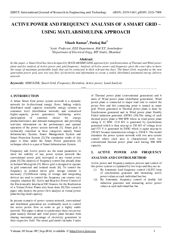 (PDF) ACTIVE POWER AND FREQUENCY ANALYSIS OF A SMART GRID USING