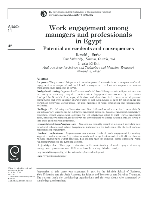 (PDF) Work engagement among managers and professionals in Egypt ...