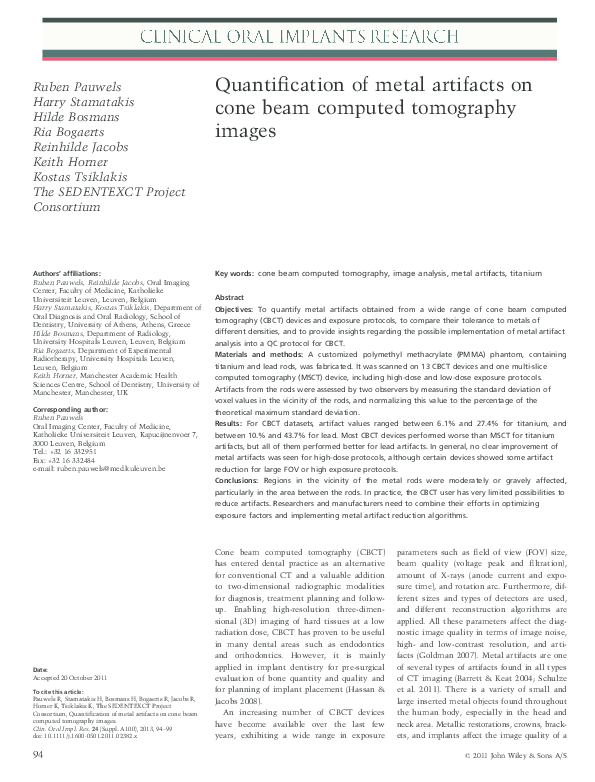 (PDF) Quantification of metal artifacts on cone beam computed ...