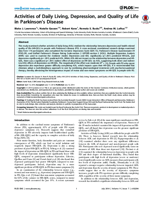 (PDF) Activities of Daily Living, Depression, and Quality of Life in ...