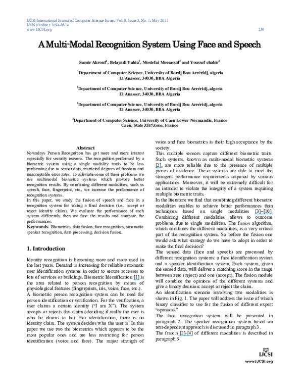 (PDF) A Multi-Modal Recognition System Using Face and Speech