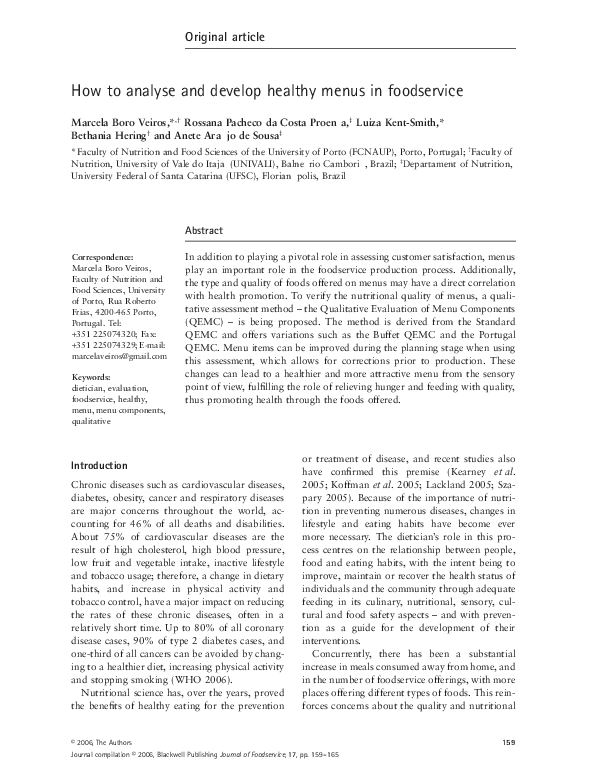 (PDF) How to analyse and develop healthy menus in foodservice