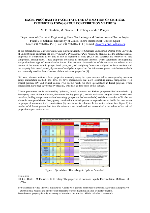 Pdf Excel Program To Facilitate The Estimation Of Critical Properties Using Group Contribution Methods Clara Pereyra Academia Edu