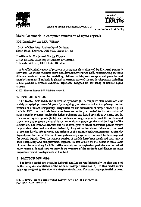 (PDF) Molecular models in computer simulation of liquid crystals
