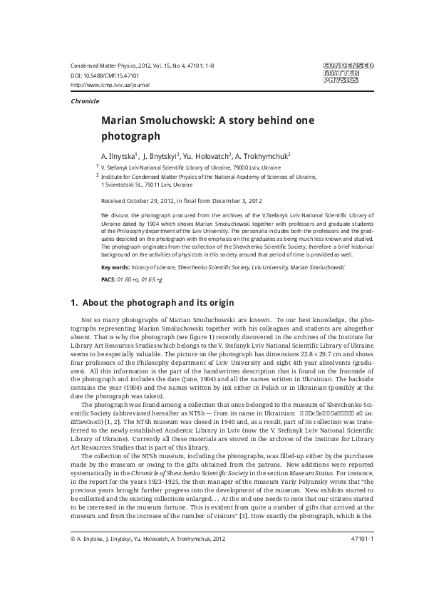 (PDF) Marian Smoluchowski A story behind one photograph