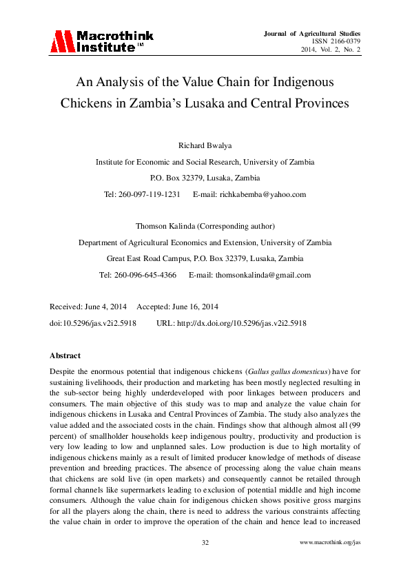 (PDF) An Analysis of the Value Chain for Indigenous Chickens in Zambia ...