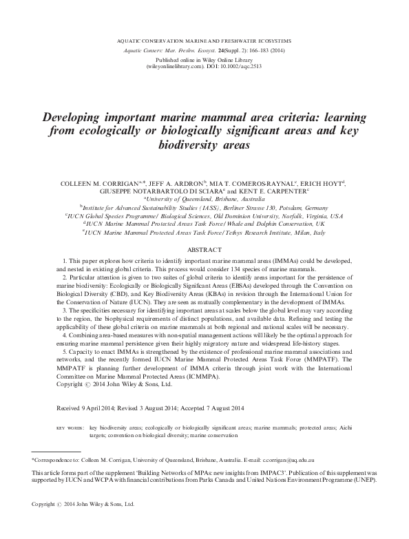 Developing important marine mammal area criteria: learning from ecologically or biologically significant areas and key biodiversity areas