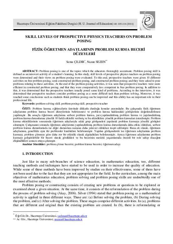 (PDF) Skill Levels of Prospective Physics Teachers on Problem Posing
