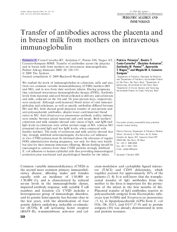 (PDF) Transfer of antibodies across the placenta and in breast milk