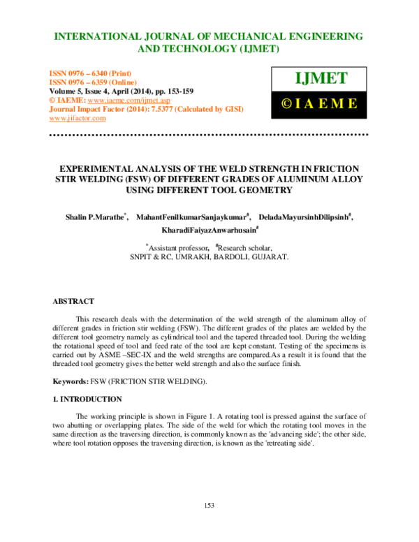 (PDF) EXPERIMENTAL ANALYSIS OF THE WELD STRENGTH IN FRICTION STIR ...