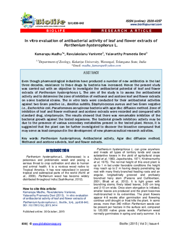 (PDF) In vitro evaluation of antibacterial activity of leaf and flower ...