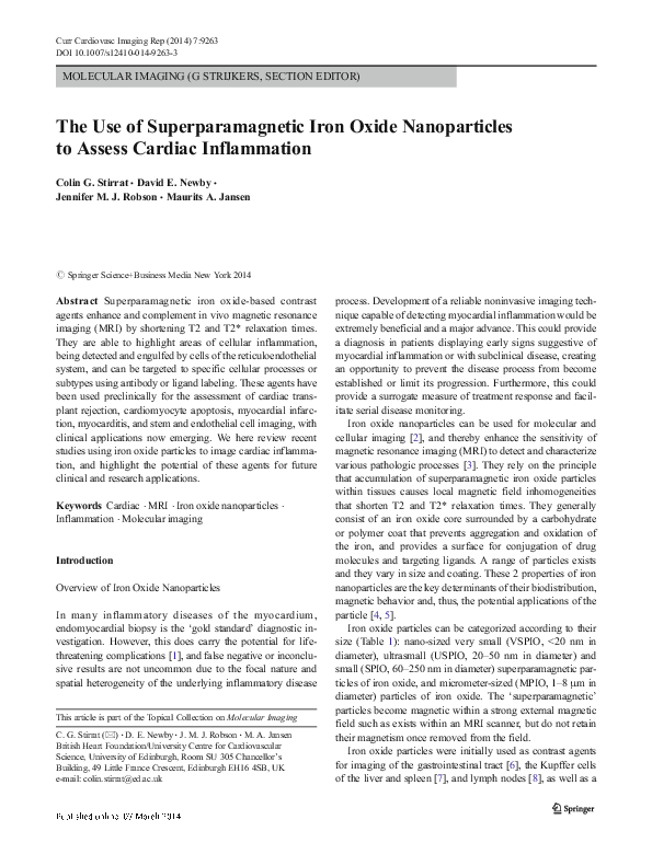 (PDF) The Use of Superparamagnetic Iron Oxide Nanoparticles to Assess ...