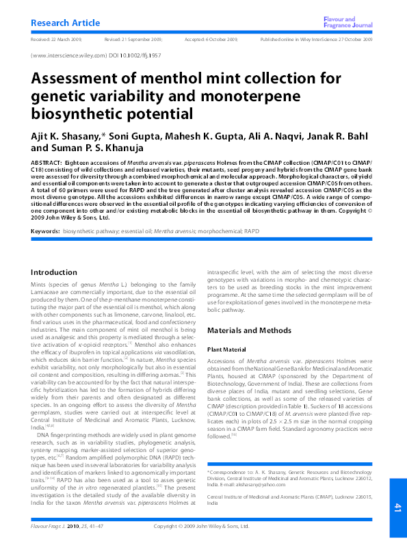 (PDF) Assessment of menthol mint collection for genetic variability and ...
