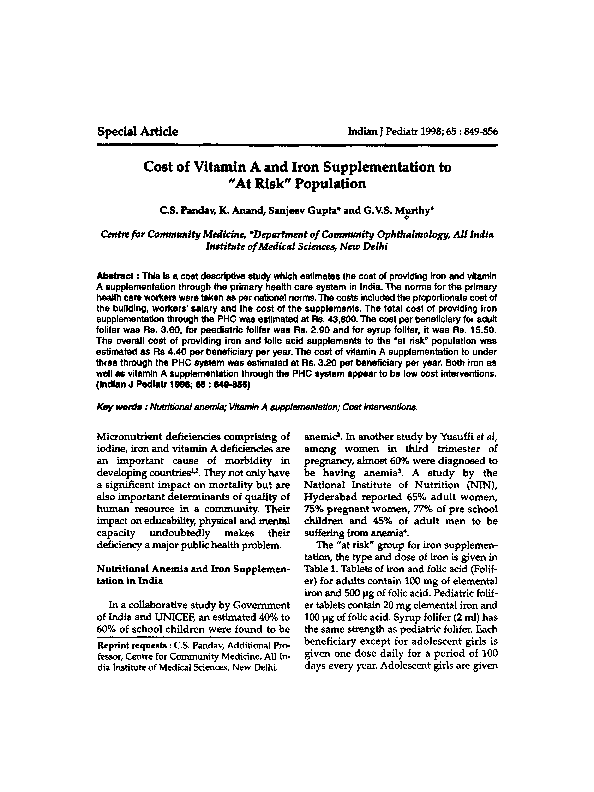 (PDF) Cost of vitamin A and iron supplementation to "at risk" population