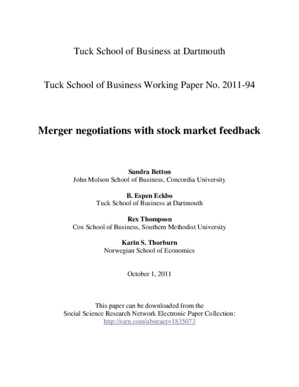 (PDF) Merger Negotiations with Stock Market Feedback