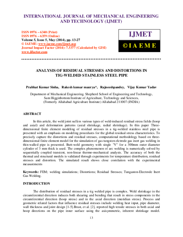 (PDF) ANALYSIS OF RESIDUAL STRESSES AND DISTORTIONS IN TIG-WELDED ...