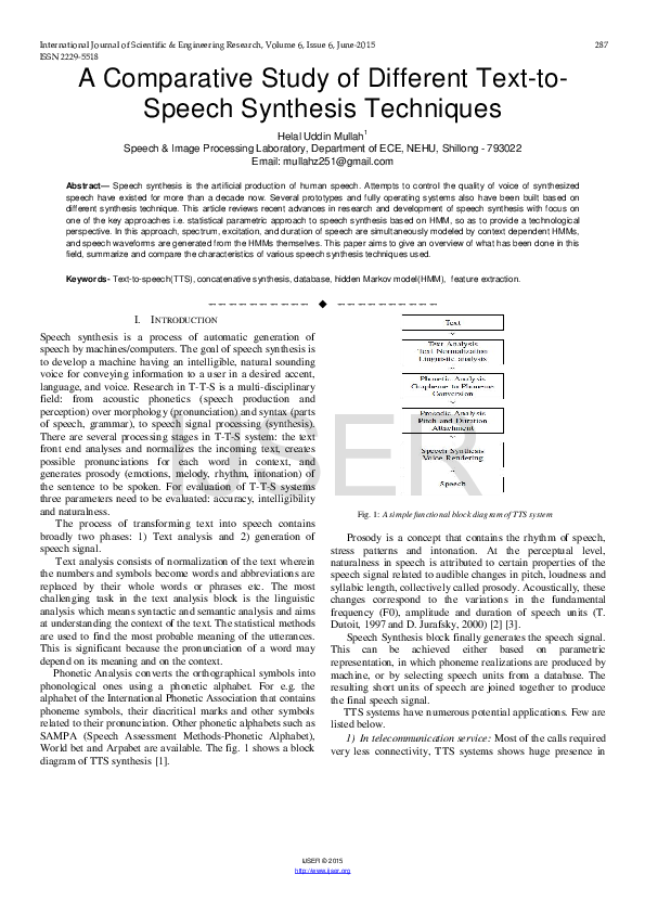 (PDF) A Comparative Study of Different Text-to- Speech Synthesis Techniques
