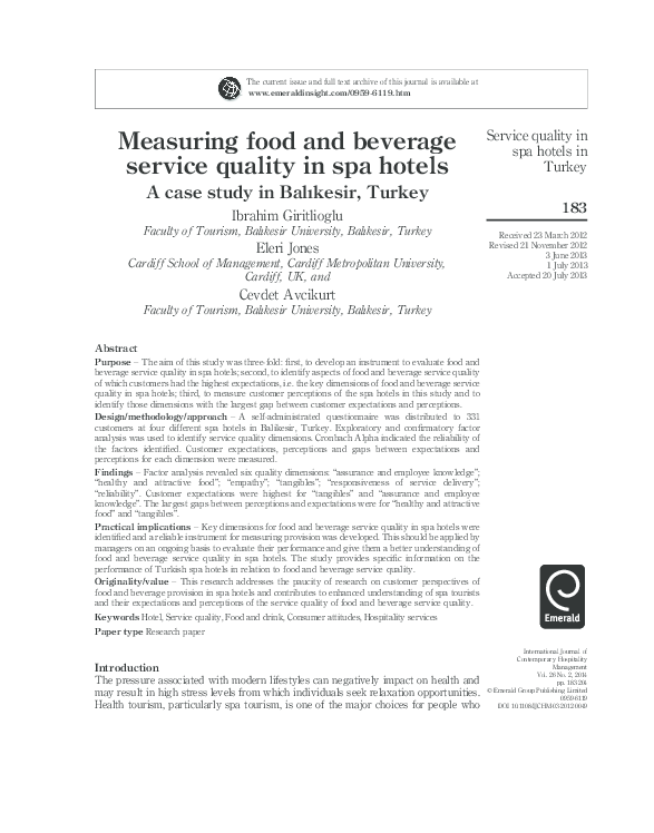(PDF) Measuring Food And Beverage Service Quality in Spa Hotels A Case