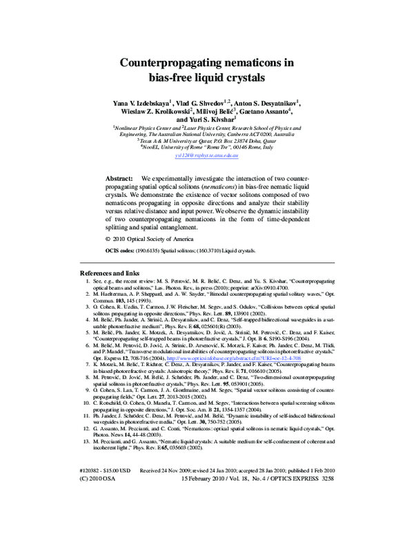 (PDF) Counterpropagating nematicons in bias-free liquid crystals