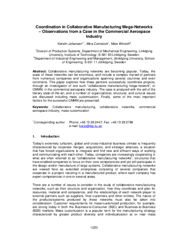 (PDF) Coordination in Collaborative Manufacturing Mega-Networks ...