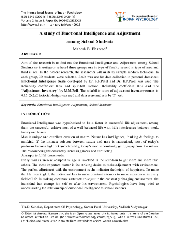 (PDF) A study of Emotional Intelligence and Adjustment among School ...