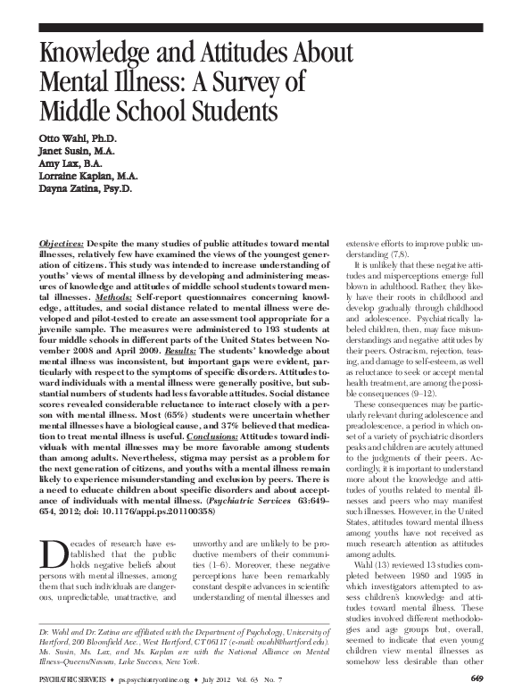 (PDF) Knowledge and Attitudes About Mental Illness: A Survey of Middle ...