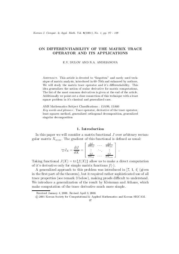 (PDF) On differentiability of the matrix trace operator and its ...