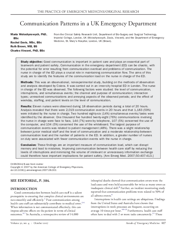 (PDF) Communication Patterns in a UK Emergency Department