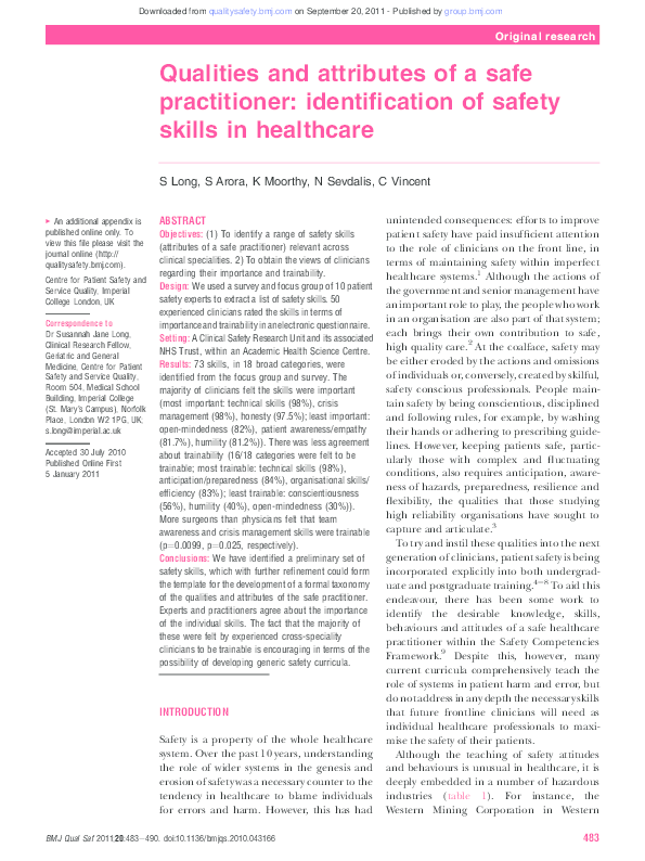 (PDF) Qualities and attributes of a safe practitioner: identification ...