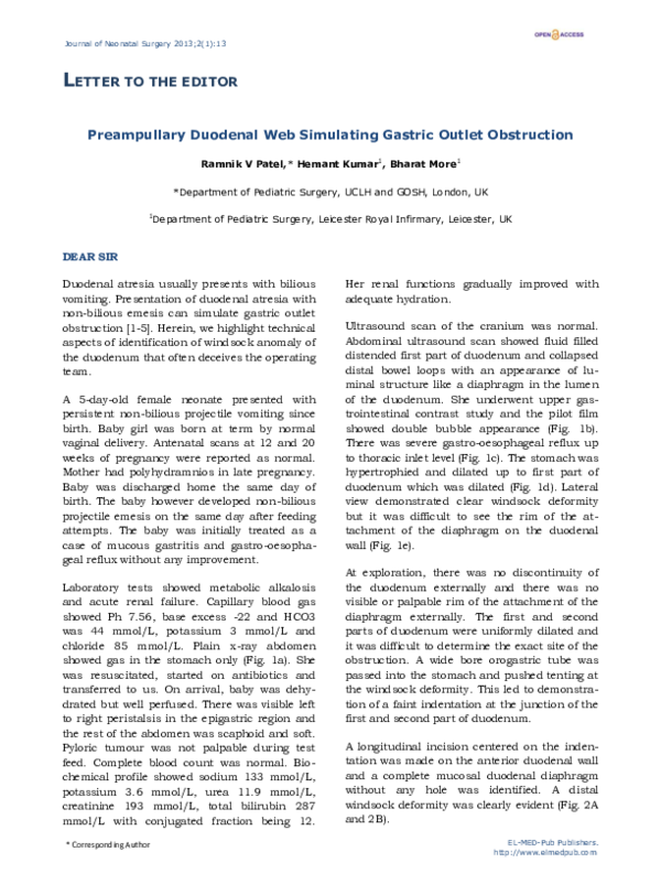 Pdf Preampullary Duodenal Web Simulating Gastric Outlet Obstruction Ramnik Patel Academia Edu