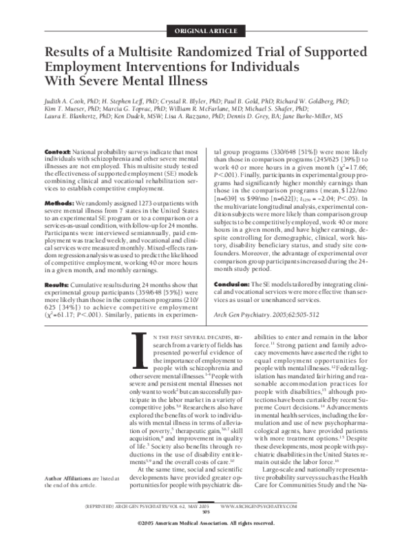 (PDF) Results of a Multisite Randomized Trial of Supported Employment ...