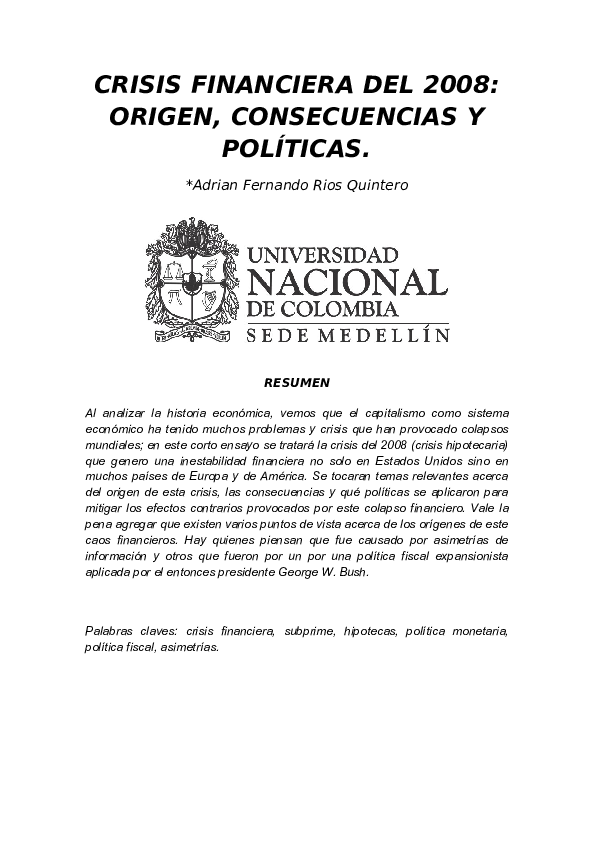 (DOC) CRISIS FINANCIERA DEL 2008: ORIGEN, CONSECUENCIAS Y POLÍTICAS