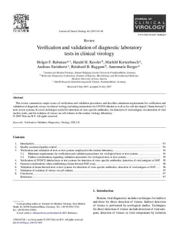(PDF) Verification and validation of diagnostic laboratory tests in clinical virology Harald