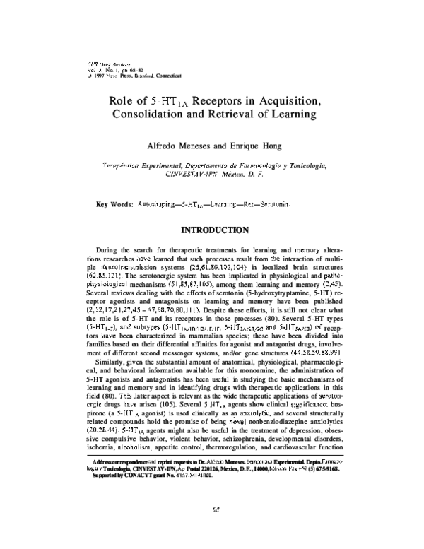 (PDF) Role of 5-HT 1A Receptors in Acquisition, Consolidation and ...