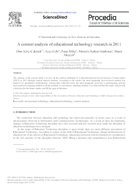 (PDF) A Content Analysis of Educational Technology Research in 2011