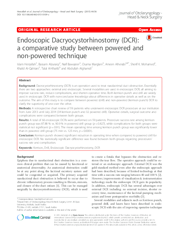 (PDF) Endoscopic Dacryocystorhinostomy (DCR) a comparative study