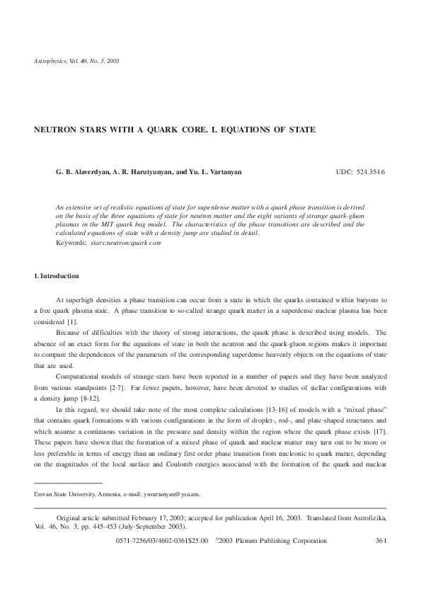 (PDF) Neutron Stars with a Quark Core. I. Equations of State