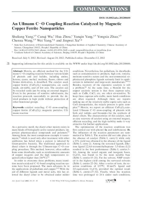 (PDF) An Ullmann C O Coupling Reaction Catalyzed by Magnetic Copper ...