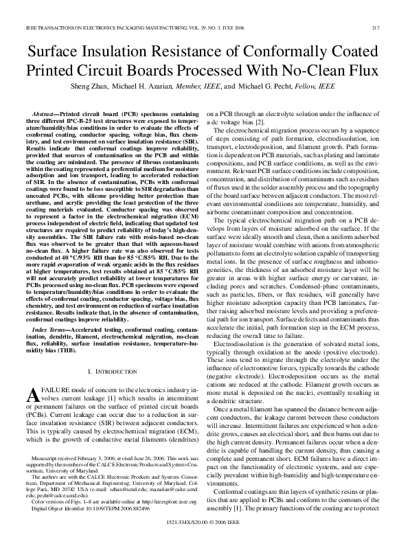 (PDF) Surface Insulation Resistance of Conformally Coated Printed Circuit Boards Processed With