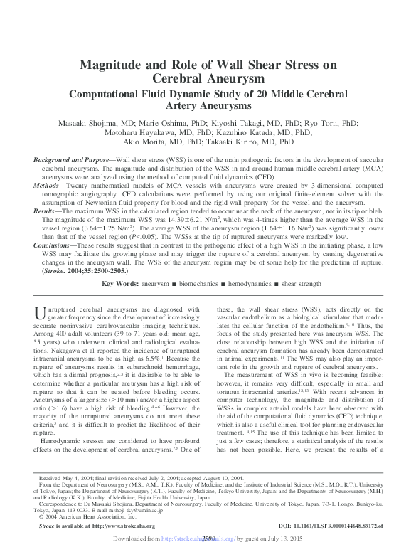 (PDF) Magnitude and Role of Wall Shear Stress on Cerebral Aneurysm ...