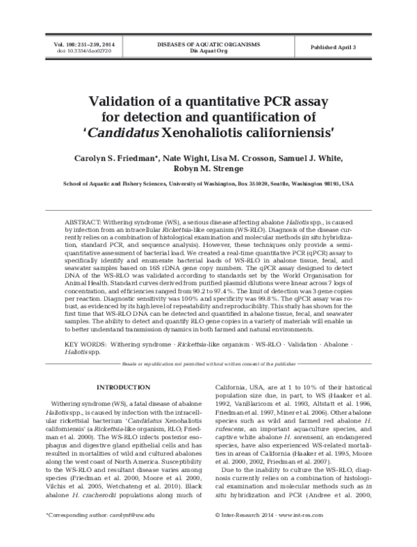 (PDF) Validation of a quantitative PCR assay for detection and ...