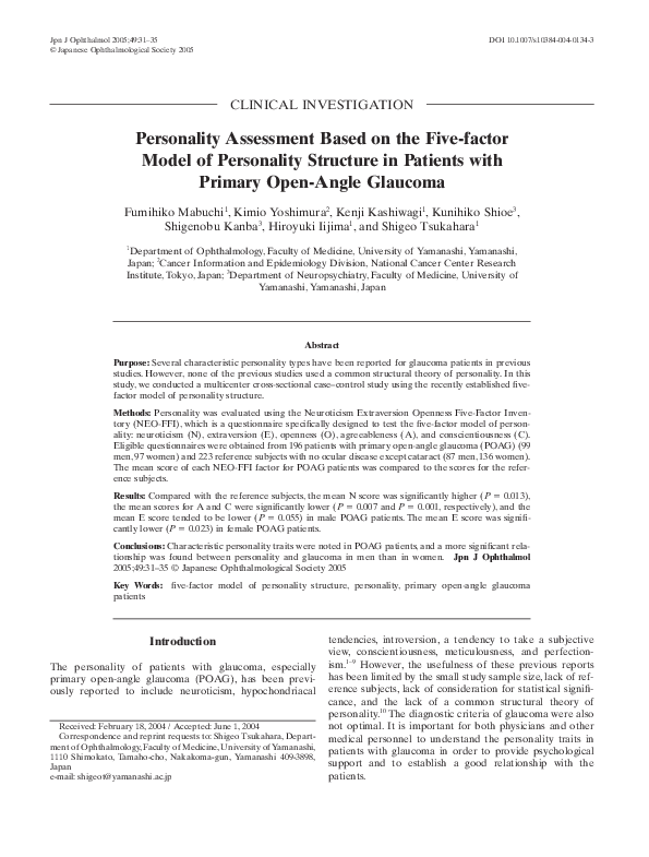 Pdf Personality Assessment Based On The Five Factor Model Of Personality Structure In Patients With Primary Open Angle Glaucoma Kenji Kashiwagi Academia Edu